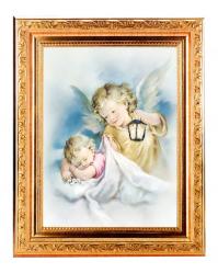  ANGEL WITH LANTERN IN A FINE DETAILED SCROLL CARVINGS ANTIQUE GOLD FRAME 